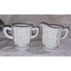 Vintage Westmoreland Milk Glass Paneled Grape Footed Creamer Set of 2